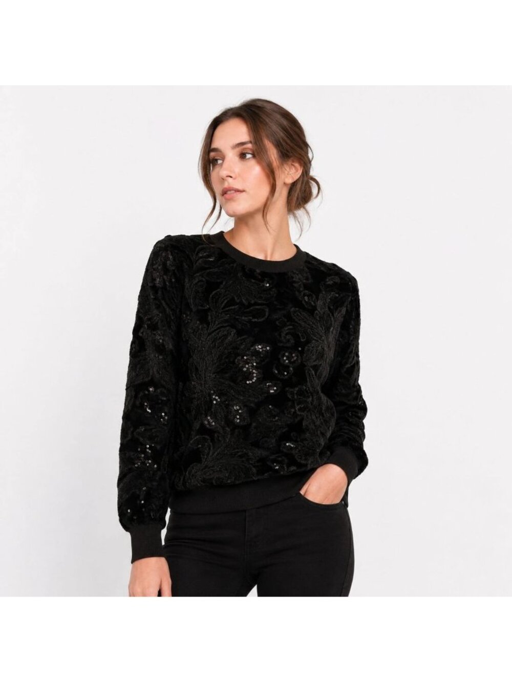 Gianni Bini Velvet Floral Sequin Party Shirt Top Black Glam Pullover Top XS Glam